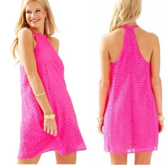 Lilly Pulitzer Quinn Knotty Lace Kir Royal Pink Halter Trapeze Swing Mini Dress - Picture 1 of 6
